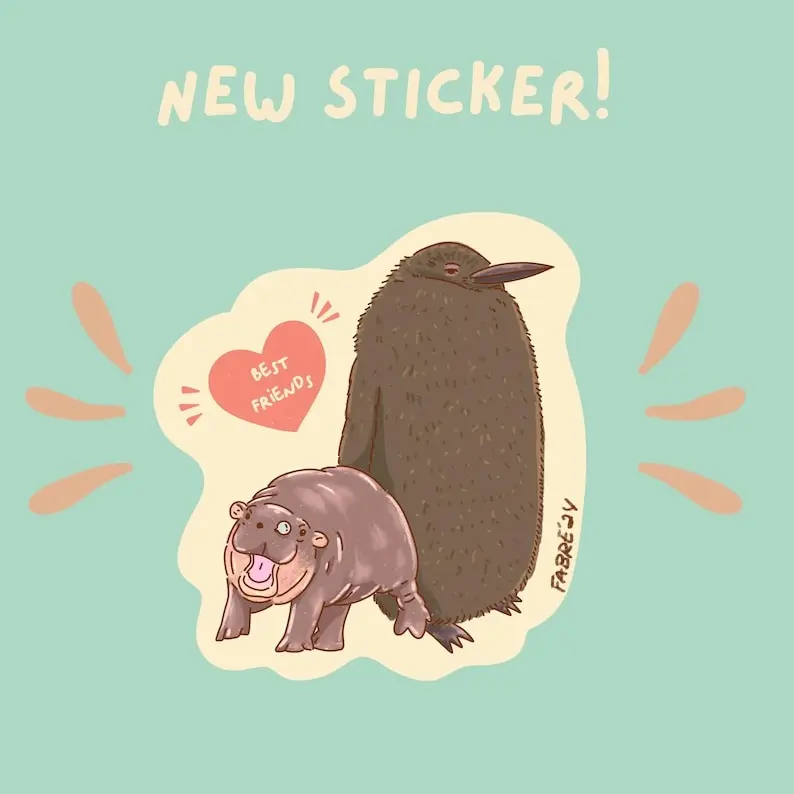 Moo Deng and Pesto The Penguin sticker, Meme Hippo, Pygmy Hippo, Penguin Decal, Moo Deng Gift, Hippo Sticker, Moo Dang Gift Decor Decorative