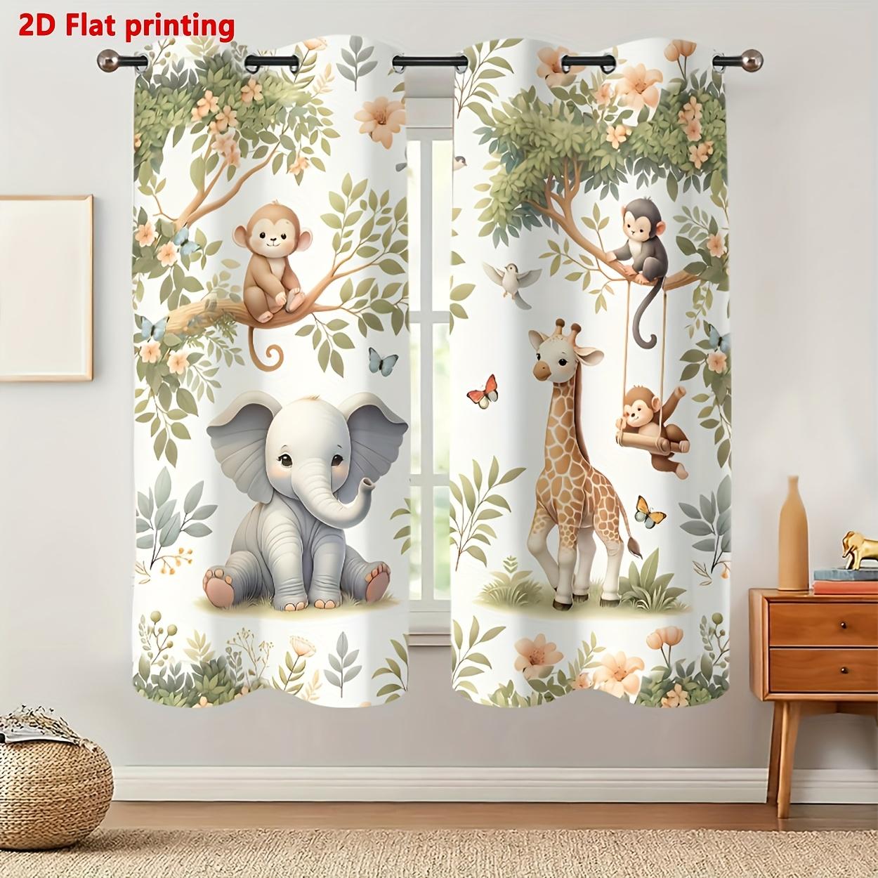 2D Flat Printed Animal Curtains 2 Panels, Cute Jungle Elephant Giraffe Monkey Print Window Drapes, Light Filtering Home Decor for Living Room Bedroom