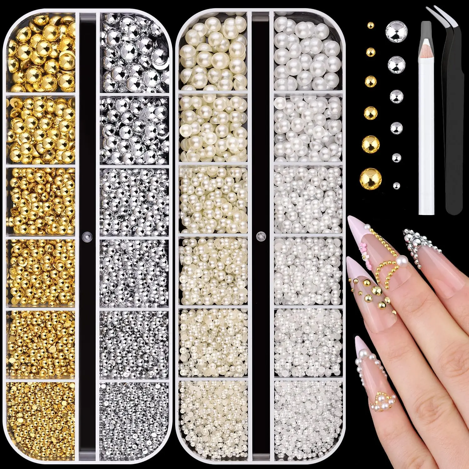 Elegant Nail Art Decoration Box Set - Beauty Products Single Kit with Half-Round Silver-Gold Charms, Beads, White Beige Pearl Rhinestones, Easy-Apply Pickup Pencil, Tweezers for Manicure, Crafting