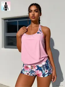 2026 Tropical Floral Blouson Tankini Set 2-Piece Swimsuit with Boxer Shorts, Halter Neck Ruched Tummy Control Bathing Suit. Modest Full-Coverage Beachwear for Women — Plus-Size, Size-Inclusive Swimsuits for Summer Vacations and Pool Parties, Elegant, Chic