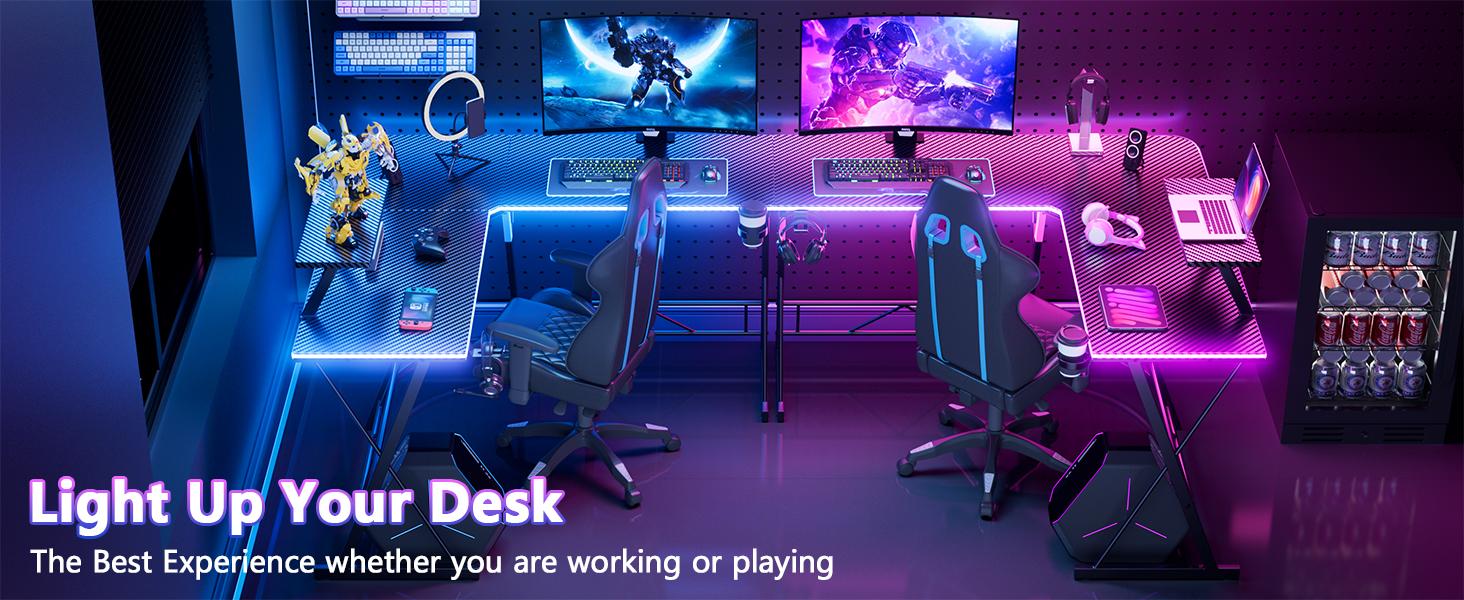 【PINK RGB Desk!!!】Mr IRONSTONE Gaming Desk with Led Lights,Corner Computer Desk with Carbon Fiber Surface,L shaped desk, Home Office Desks Writing Workstation with Large Monitor Stand, Easy to Assemble 51 Inch