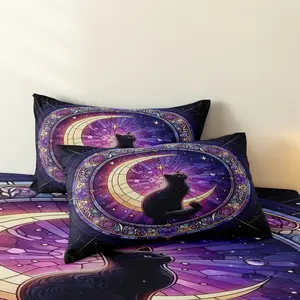 3pcs Black Cat Moon Printing Fitted Sheet Set, Dark Stained Glass Bedding,Four-season Luxury Bedding Home or Dorm(1 Duvet Cover+2 Pillowcases,No Pillow) ﻿