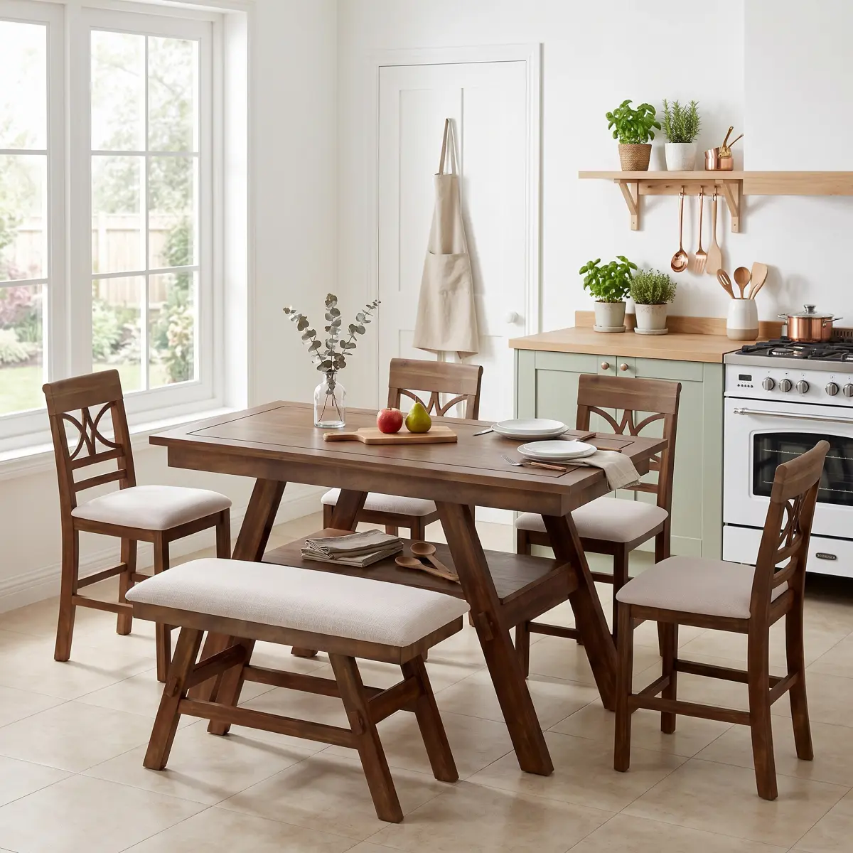 [Bellemave] 6-Piece Wood Counter Height Dining Table Set with Storage Shelf, Kitchen Table Set with 1 Bench and 4 Chairs,Rustic Style