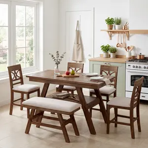 [Bellemave] 6-Piece Wood Counter Height Dining Table Set with Storage Shelf, Kitchen Table Set with 1 Bench and 4 Chairs,Rustic Style