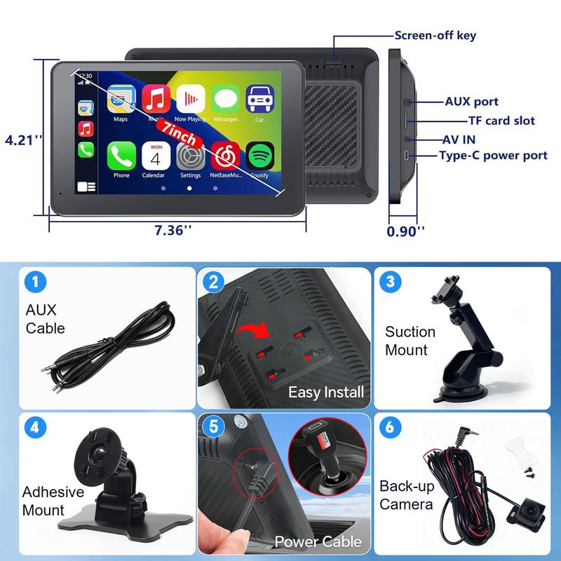 【New Year Gifts】PASLDA Apple Carplay Screen for Car, 7" HD Portable Car Stereo Touch Screen with Wireless Android Auto, Backup Camera, Car Video Player with Voice Control, Mirror Link, Bluetooth, GPS Navigation Suitable For Daily Driving And Traveling