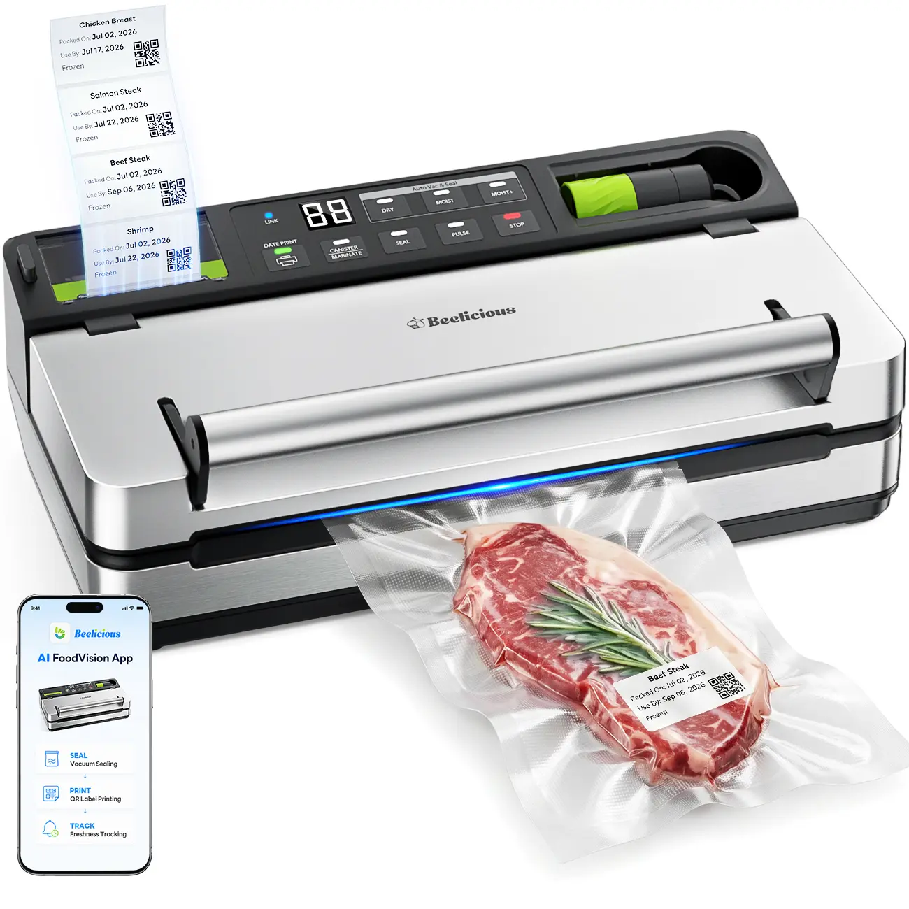 Beelicious Corded 98kPa Pump Vacuum Sealer VSP801 with 120V Plug, FoodTrace Label Printing, App Tracking, Dual-Pump, Double Heat Seal, Extra Moist Mode for Meal Preppers, Freezer Storage