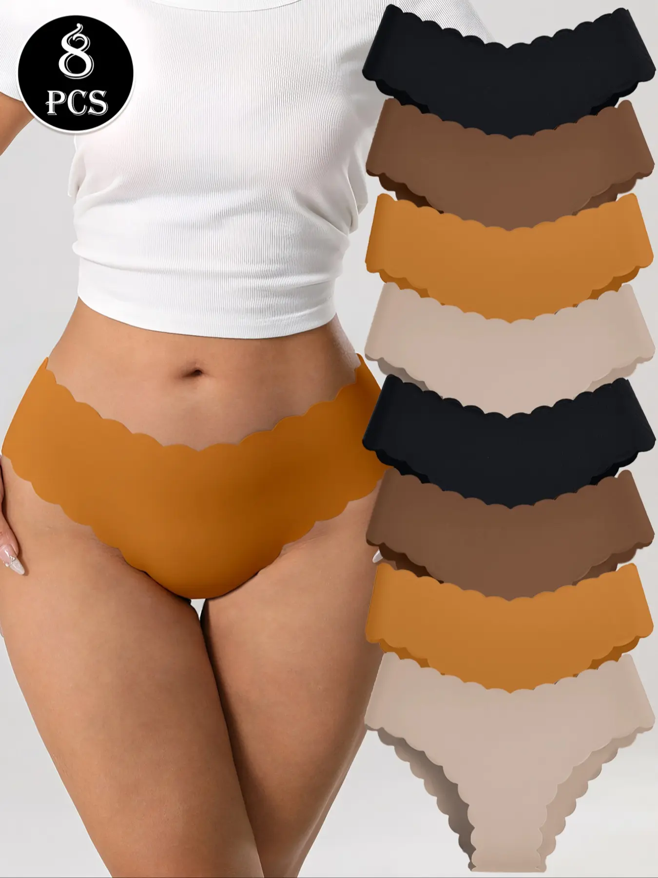 8 Pack Women's Seamless Smooth Panties - Scalloped Edge Maillard Color Palette All-Day Comfort Breathable Nylon Spandex Premium Elegant Chic Underwear