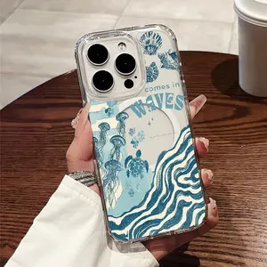 Shell, Jellyfish, Sea Turtle, Ocean Waves, Saltwater Style Printed Phone Case, Transparent Acrylic Magnetic Shockproof Hard Case with Magnetic Ring, Supports Wireless Charging, Suitable for iPhone 17 E Air Pro ProMax iPhone16 15 14 Plus 13 12 11 X XS XR