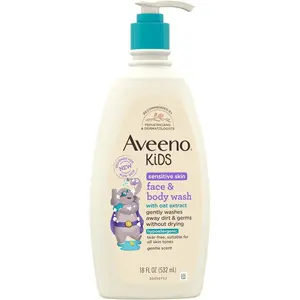 Aveeno Kids Face & Body Wash for Sensitive Skin, Oat Extract, Tear-Free, Non-Drying, Light Scent, Pump Dispenser, Hypoallergenic, Sulfate & Dye Free, 18 fl oz