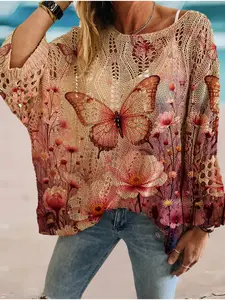 Spring and summer crew neck diamond hollow-out batwing sleeve knit sweater, butterfly print loose vacation-style cover-up, casual elegant and versatile for commuting