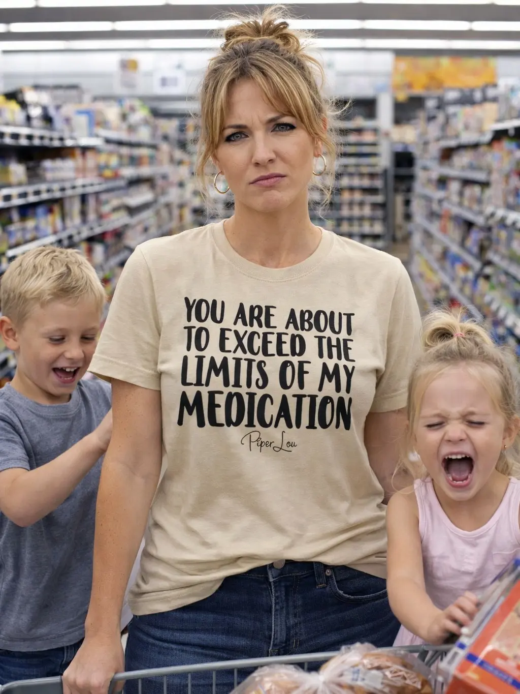 Lady's Funny Slogan Crew Neck T-Shirt - "Exceed My Medication" Casual Short Sleeve Streetwear Top in Soft Ring-Spun Cotton Fabric