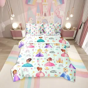 Cute Girly Princess 7 Piece Comforter Set,Bed in a Bag,Magical Kids Castle Soft Bedding for Sofa,Kawaii Princess Fitted Sheets