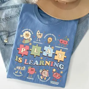 Vintage Washed Oversized Graphic Tee, Play Is Learning Retro Cartoon T-Shirt, Teacher Speech Therapy OT Short Sleeve Top for Women, Trendy Early Childhood Education Statement Shirt, Style Apparel, Perfect Gift for Educators, Daily Outfit
