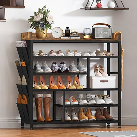 Raybee Furniture Shoe Rack for Entryway Metal Shoe Racks with Boots Storage for 18-22 Pairs Free Standing Entryway Shoes Rack Sturdy Shoe Shelf Wooden Top & Side Pocket for Entry, Entrance, Hallway, Black