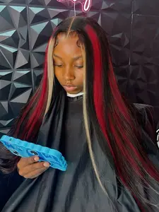 7x5 HD Lace Front Wig Black Red Blonde Highligh Wig Skunk Stripe Highlight Straight Wig Free Part Pre Plucked Natural Hairline Heat-Resistant Fiber Concert Look Straight Wig Coachella Festival Dress Code Lace Frontal Wigs Women Daily Wear 28 Inches