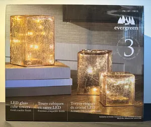Evergreen LED Glass Cube Towers – Set of 3 (Gold Crackle Finish)