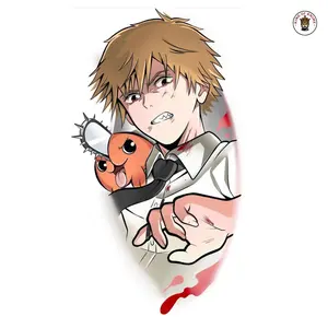 Denji and Pochita Sticker, Vinyl Sticker, Chainsaw Man Fanart, Bloody Hero with Chainsaw Pet, Laptop Decor, Anime Sticker