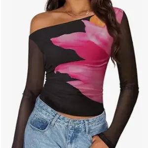 ZESICA Women's Floral Off Shoulder Long Sleeve Tops 2026 Spring Mesh Ruched Fitted Trendy Going Out Shirts Blouses