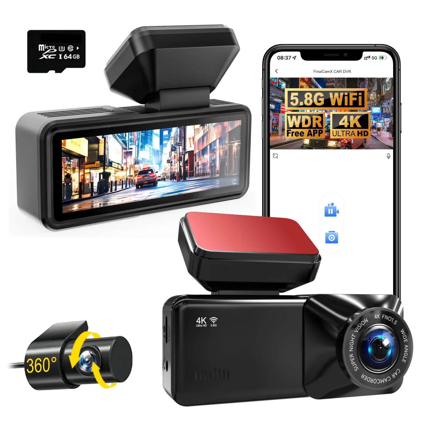 Dual Lens Dash Cam, 4K Front & 1080P Rear Car Camera with 5.8G WiFi APP, STARVIS 2 Super Night Vision, 170° Wide Angle, WDR, Parking Mode, G Sensor, Loop Recording, 256GB TF Card Support for Cars, Dashcam