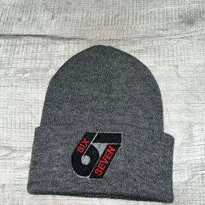 Six-Seven Beanie 67 - Gray Knit Hat with Bold Logo Design for Winter Fashion