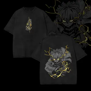 Zenitsu Agatsuma Demon Slayer Kimetsu No Yaiba Oversized T-Shirt – Washed Vintage Anime Manga Graphic Tee, 90s Cotton Crewneck Streetwear Unisex Top, Perfect Otaku Gift & Merchandise wash Fabric Menswear men Seamless Tshirt Casual Black