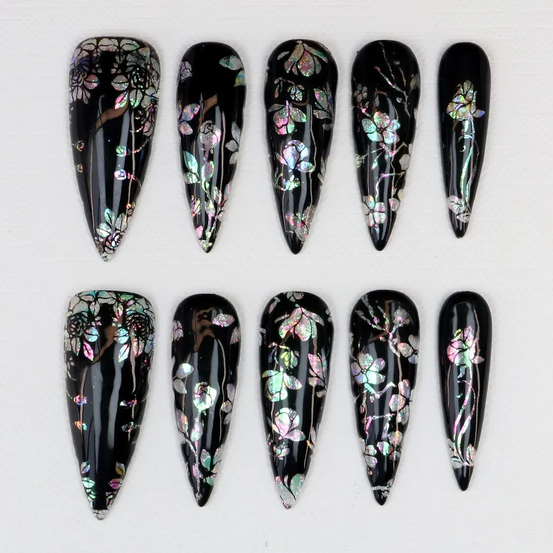 Black & Iridescent Opal Vintage Floral Press On Nails,Long Stiletto False Nails,Sophisticated Dark Romantic Nail for Vacation,Birthday,Gift