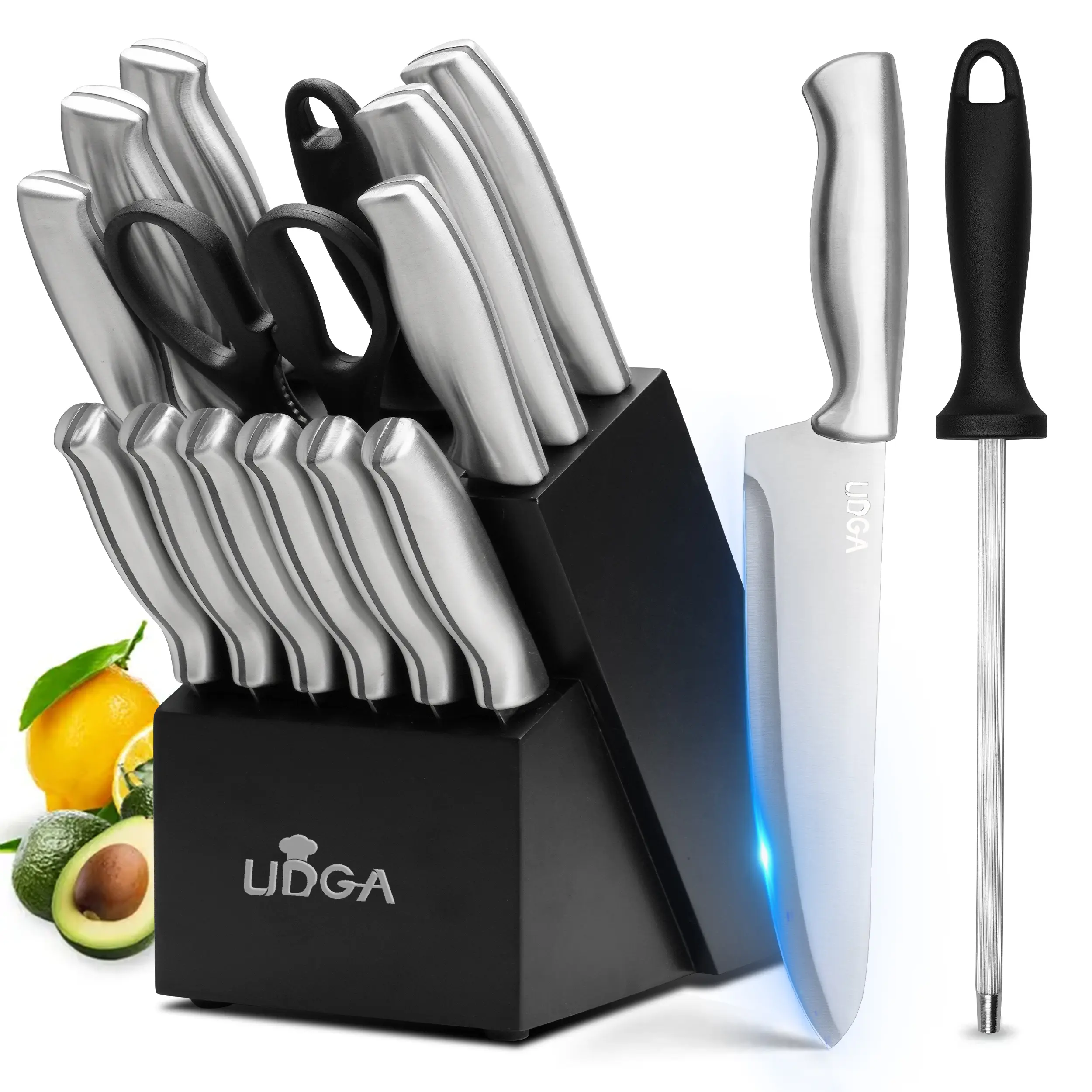 15-Piece High Carbon Stainless Steel Silver Knives Kitchen Set - Rust-Free, Ultra-Sharp Cutlery with Sharpening Block, Wooden Frame, Kitchen Scissors, Suitable for Home & Dining, Ideal Gift