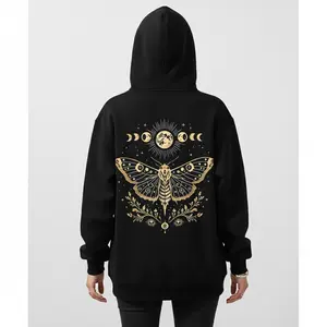 Women's Luna Moth with Moon Phases Graphic Hoodie - Cotton Blend DarkHeather Long Sleeve Pullover Regular Fit | Soft & Breathable Fabric, Durable Print, Everyday Comfort, Machine Washable, mystic celestial forest backdrop