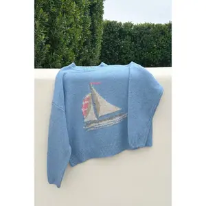Sail Away Sailboat Knit Sweater in Light Blue