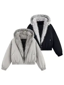 Faux Fur Lined   Jacket,  Gray Winter Warm Puffer Jacket, Streetwear Fashion Outerwear for  l Winter Outfits