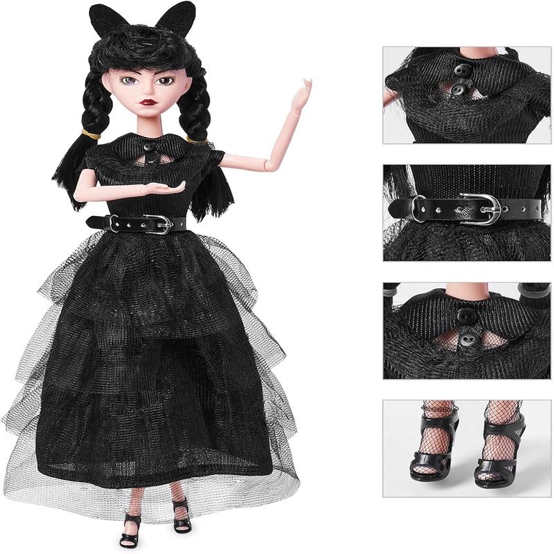 11.5 inch Wednesday Doll, Soft Body, Black Hair, Black Heels, Dress & Accessories