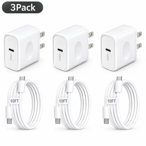 SANPRIO 3-Pack PD Fast Charge Charger Blocks - 20W Fast Charging USB Units with 10ft USB-C Cables, 3 Pcs iPhone Charger for iPhone 17/16/15, for iPad Phone Accessories (1 Set Per Pack)