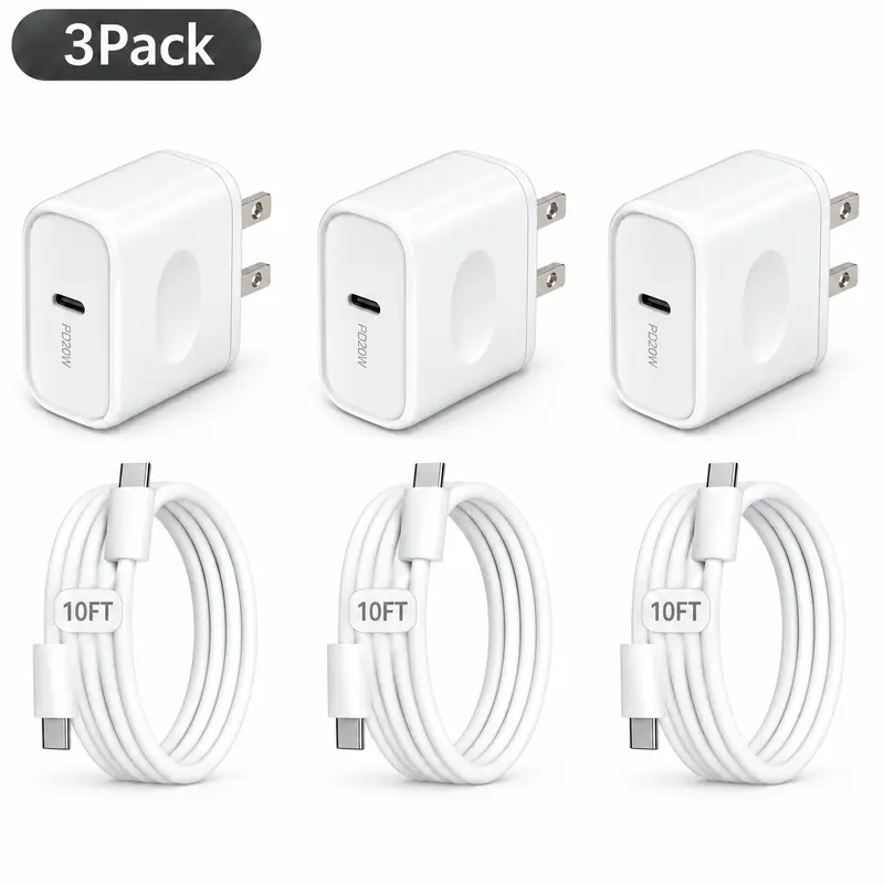SANPRIO 3-Pack 20W PD Fast Charge USB Wall Chargers with 10ft Cables, Electronic Charger Blocks with USB-C Ports for iPhone 17/16/15, iPad, Cellphone, Smartphone Accessories (1 Set Per Pack)