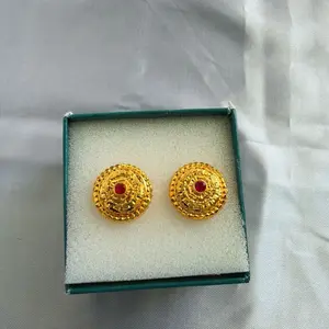 Gold-Toned Stud Earrings with Red Stone Centerpiece for Everyday Wear