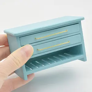 1:12 Scale Dollhouse Bathroom Cabinet Realistic Two Drawer Storage Gold Knobs Solid Birch Wood Vintage Pink Blue Mini Mirror Cabinet for Dollhouse Decor Adult Collector Furniture Compatible Christmas Easter New Year Gift