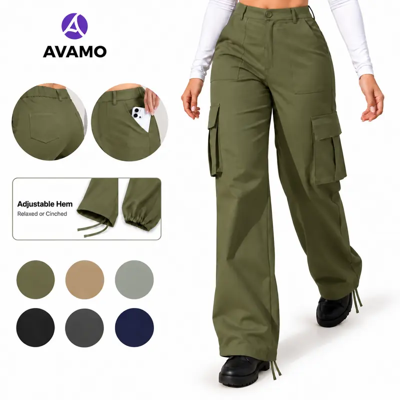 AVAMO Cargo Pants Women with Pockets Stretchy High Waist Hiking Pants Lightweight Wide Leg Womens Cargo Pants with elastic waist, Baggy Comfy Pants, Work Pants, Y2K Streetwear, Casual