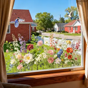 Set of 2 Pcs 30×60cm Spring Flowers, Grass & Birds Static Window Stickers No-Glue Glass Decals Decorative Decal for Living Room, Balcony & Store Window Decor