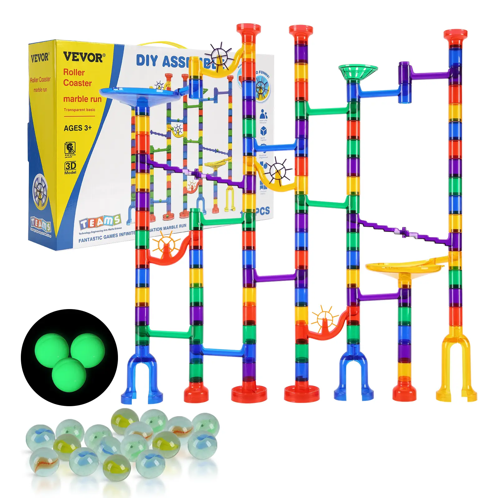 【SummerFinds】VEVOR Marble Run Set, 150 Piece Marble Maze Building Block Brain Game, with 10 Glow in the Dark Marbles + 40 Glass Marbles, Educational Learning Race Track STEM Toys, for Kids, Boys, Girls Ages 3 +