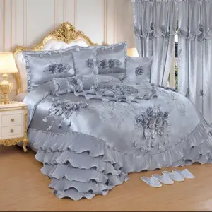 Wedding Set - Pink and White Bedding with Floral Design and Ruffled Edges