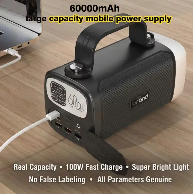 100W super fast charging high-power portable power bank/computer charger, 60,000 mAh battery pack with LED digital display, USB‑C 100W fast charging, suitable for laptops, smartphones, watches, and headphones; ideal for home, office, and outdoor use.