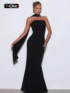 Women's Black Tie-neck Dress, Formal elegant dress, Solid Ruched Sleeveless Strapless Backless Tube Dress & Halter Neck Scarf Ribbon Two-piece Set, Back Zipper Long Dresses, Cocktail Party Evening Gown Wedding Guest Outfit For Ladies