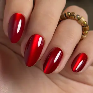 Curvlife medium almond  solid Gel Press On Nails striped red glossy shiny for winter Nail Art 2 Week Wear