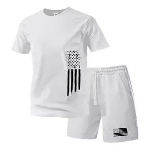 Men’s summer lightweight cotton short-sleeve T-shirt with American flag print; casual athletic set featuring a stylish, casual vacation/camping outdoor top with pockets and elastic waistband drawstring pants; two-piece fitness set.