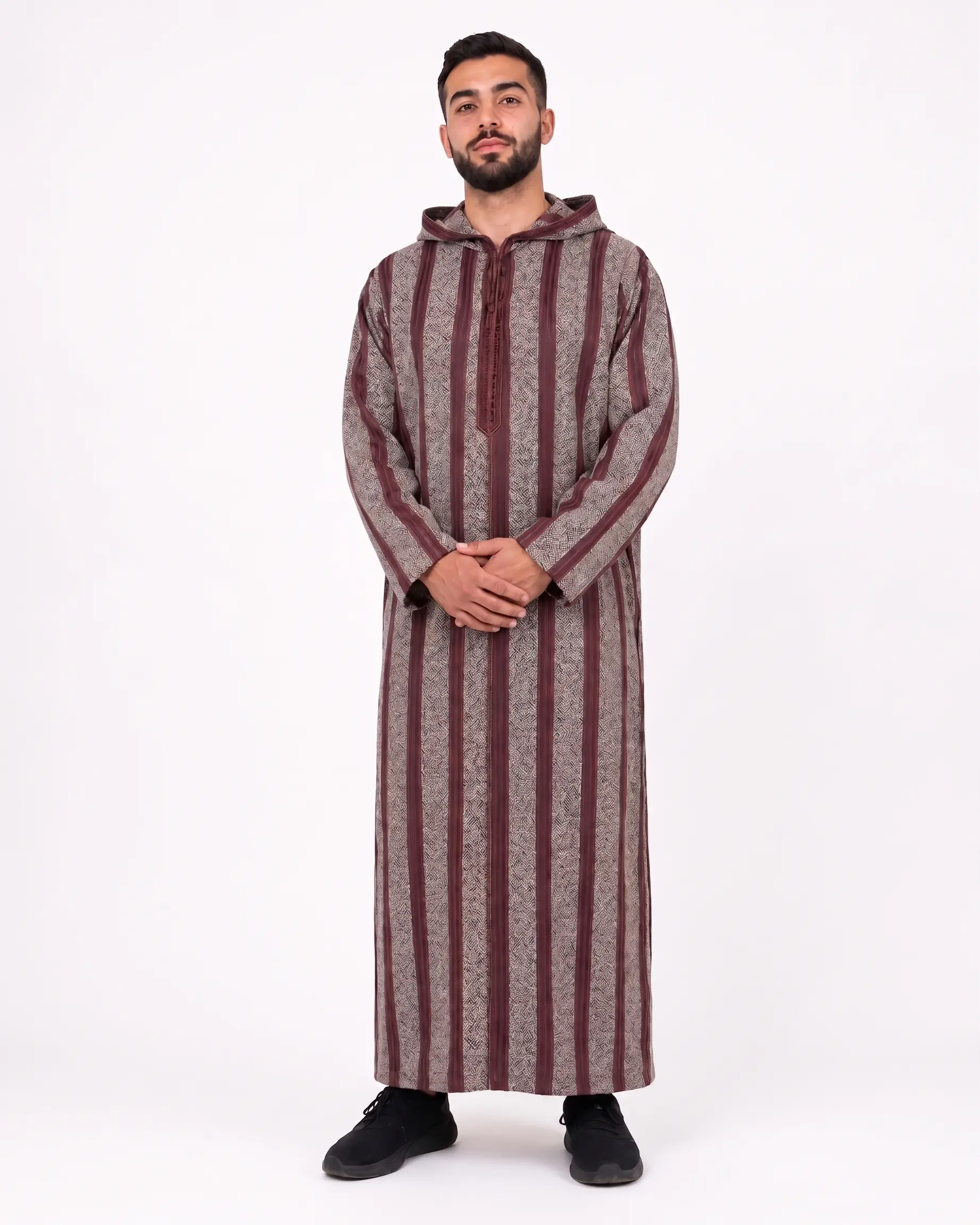Men's Striped Hooded Jubba Djellaba Thobe Moroccan Kaftan