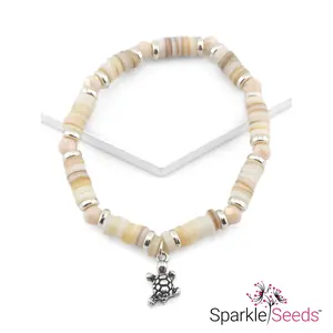 Shore Thing White Bracelet, Adults' Arm Candy Accessories, Round Crystal Bead & Seashell Aesthetic Beach Charm Bracelets & Bangles