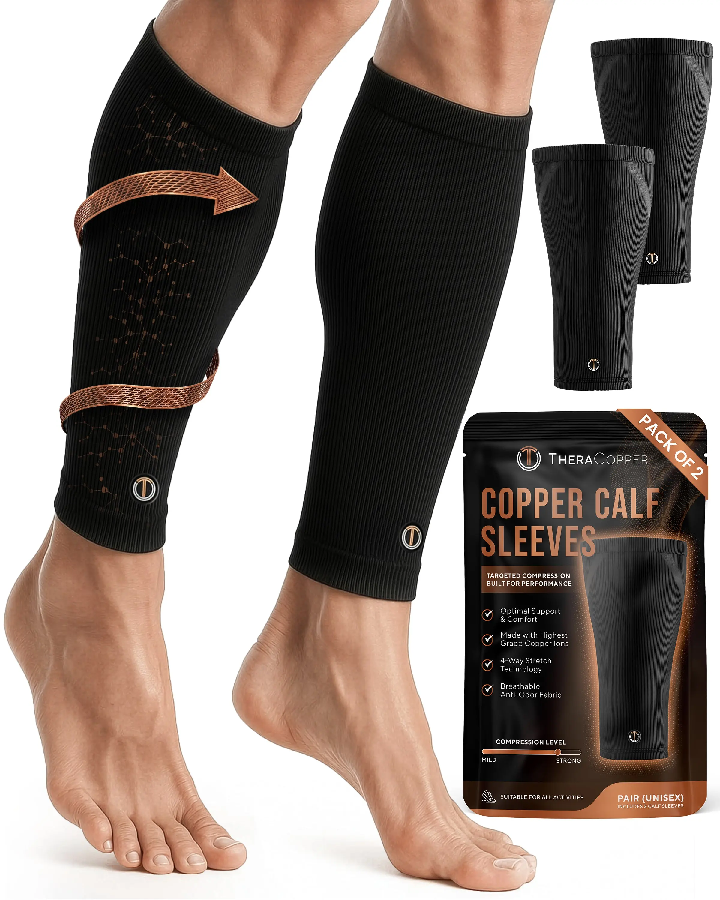 TheraCopper Copper Calf Compression Sleeve — Premium Copper Compression Shin Sleeve for Men & Women — Breathable & Non-Slip Leg Sleeves for Runners, Shin Splints, Muscle Recovery & Leg Fatigue