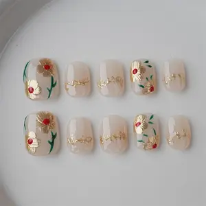 Handmade Golden Flowers Press On Nails for Women - Short Round Manicure - Color Set  - Christmas Gifts