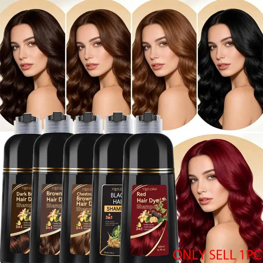 500ml Hair Dye Shampoo, Hair Darkening Shampoo, haircare shampoo, Color depositing shampoo, herbal extracts, mild & non-irritating, 3-in-1 dyeing, shampooing & conditioning, easy to use, leaves hair healthy, 5 colors available, Black