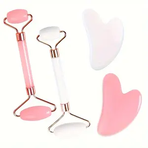 Non-jade resin roller gua sha set, rose quartz heart-shaped facial lifting and full-body massage tool
