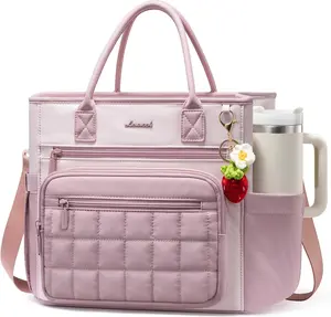 LOVEVOOK Insulated Lunch Bag Women,Puffer Adult Lunch Box Women with Handmade Strawberry Charm,Wide Opening Leakproof Cooler Bag with Cup Holder for Work Picnic,Lunch Box/Bag for Kids Girl Boy School